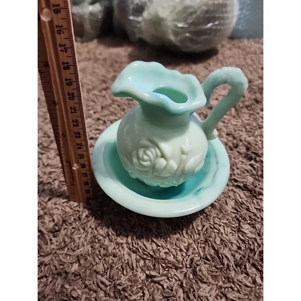 Vintage Avon Green Swirl Milk Glass‎ Rose Mini Bowl and Pitcher Set. No Topper.